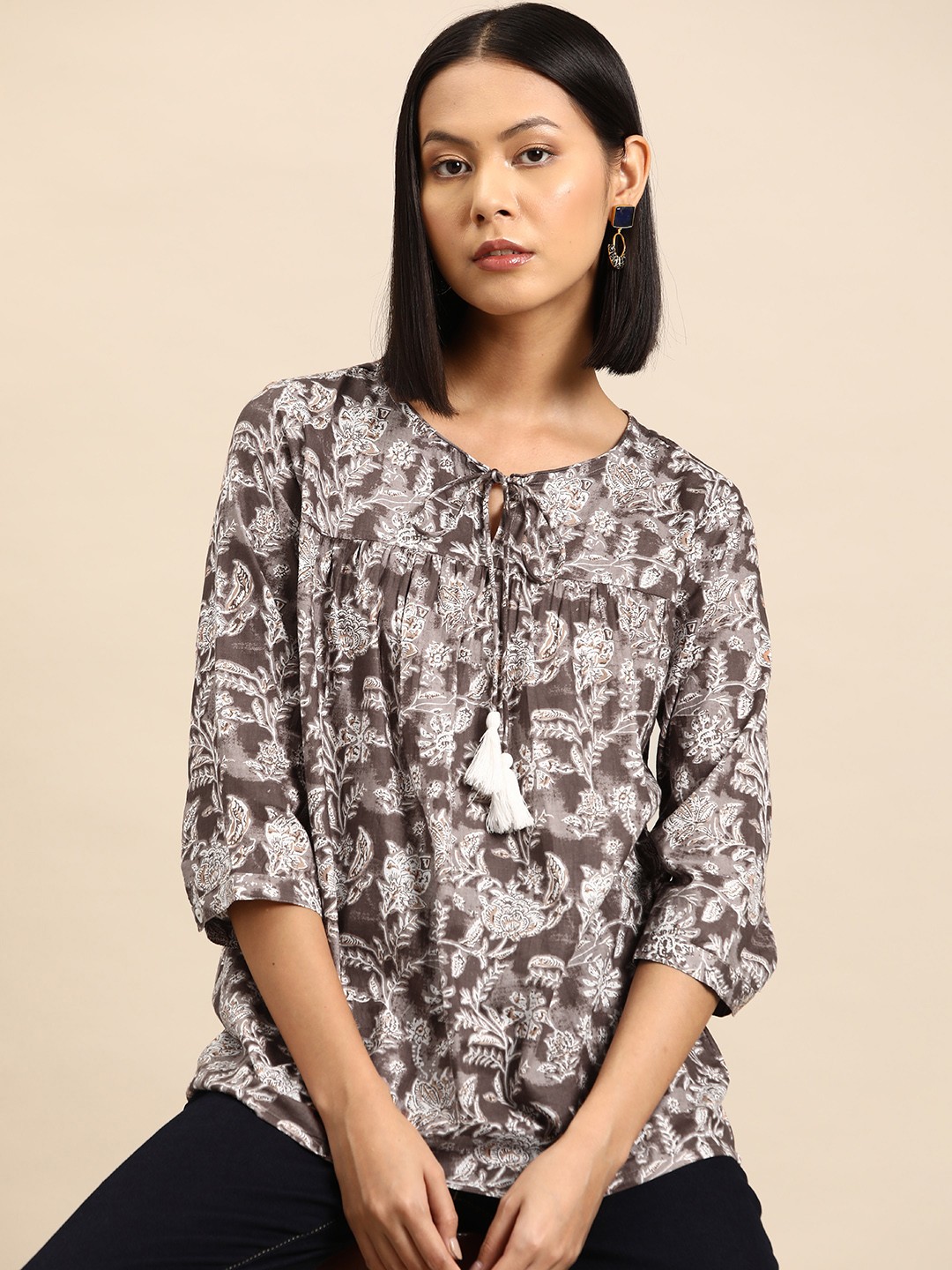 

all about you Floral Print Pleated Kurti, Brown