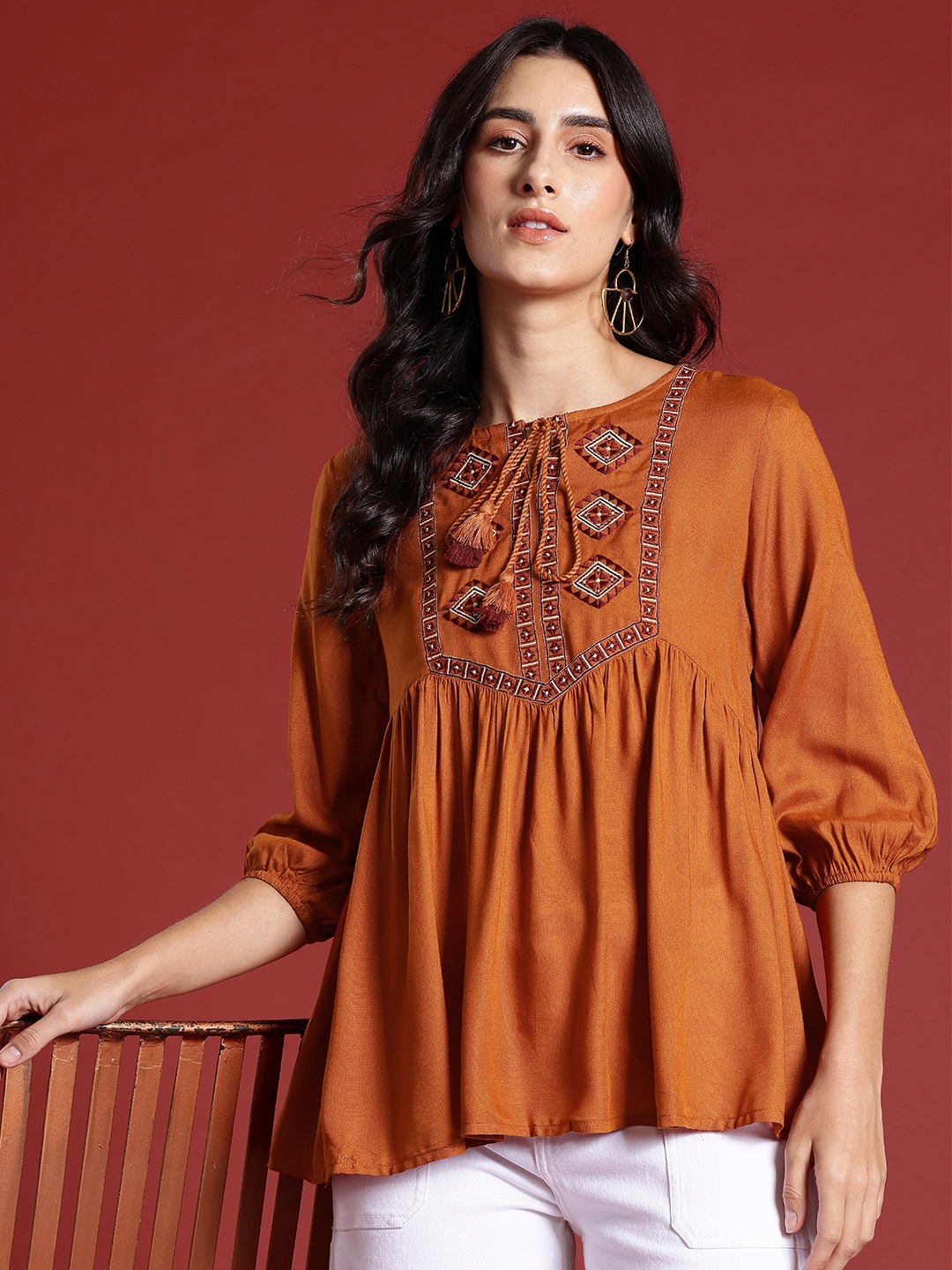 

all about you Ethnic Motifs Embroidered Pleated Kurti, Rust