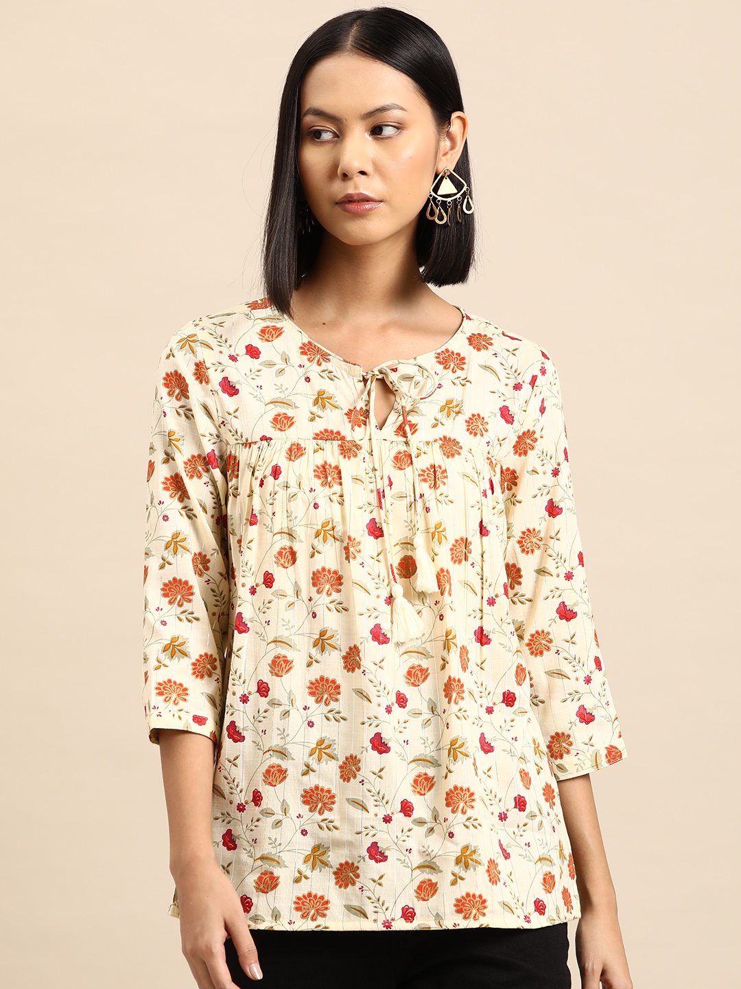 

all about you Floral Print Pleated Kurti, Cream