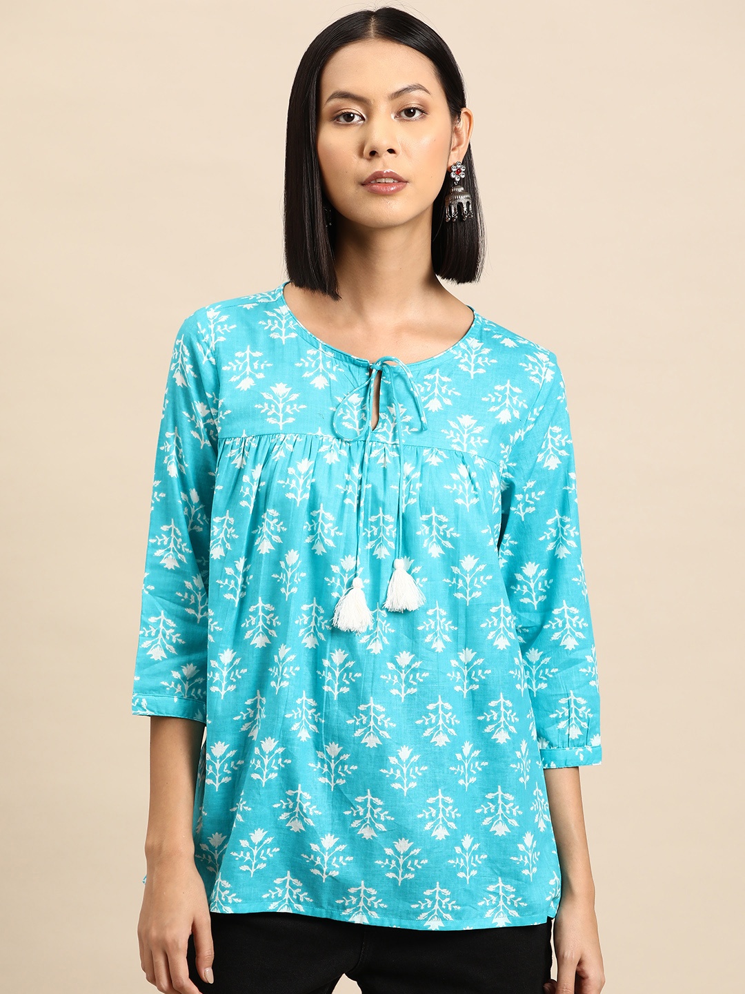 

all about you Floral Printed Pleated Kurti, Turquoise blue