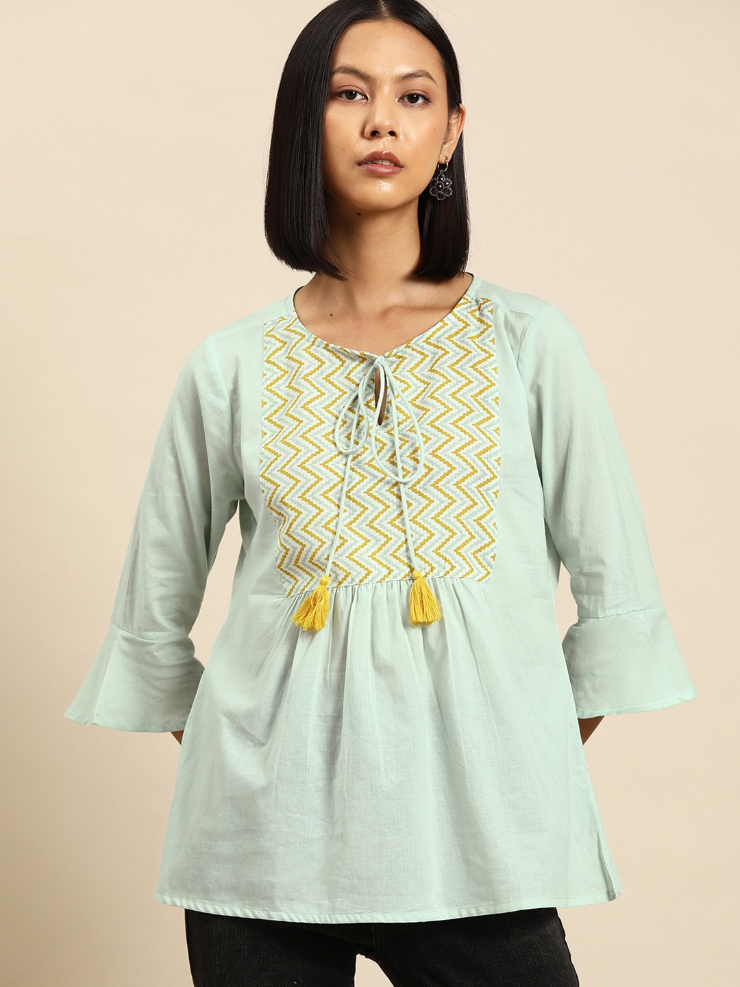 

all about you Chevron Yoke Design Pure Cotton Kurti, Sea green