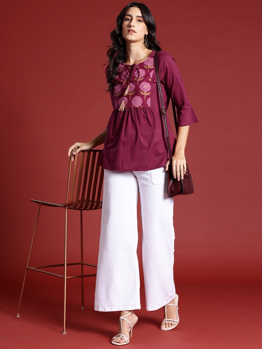 

all about you Ethnic Motifs Printed Pleated Short Kurti, Burgundy