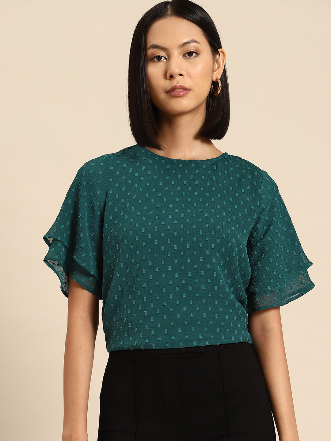 

all about you Dobby Detail Short Flared Sleeve Top, Teal