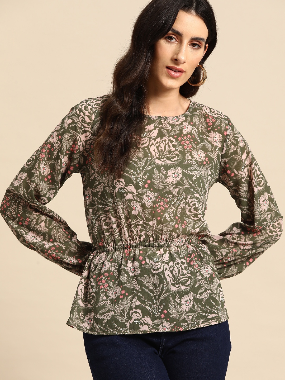 

all about you Floral Print Puff Sleeves Cinched Waist Top, Green
