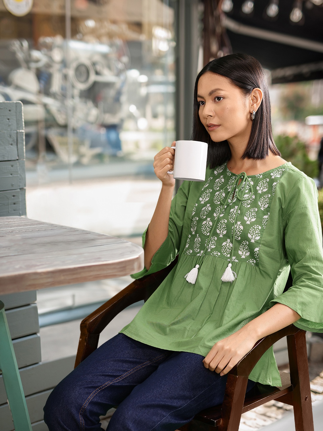 

all about you Ethnic Motifs Printed Pure Cotton Kurti, Olive