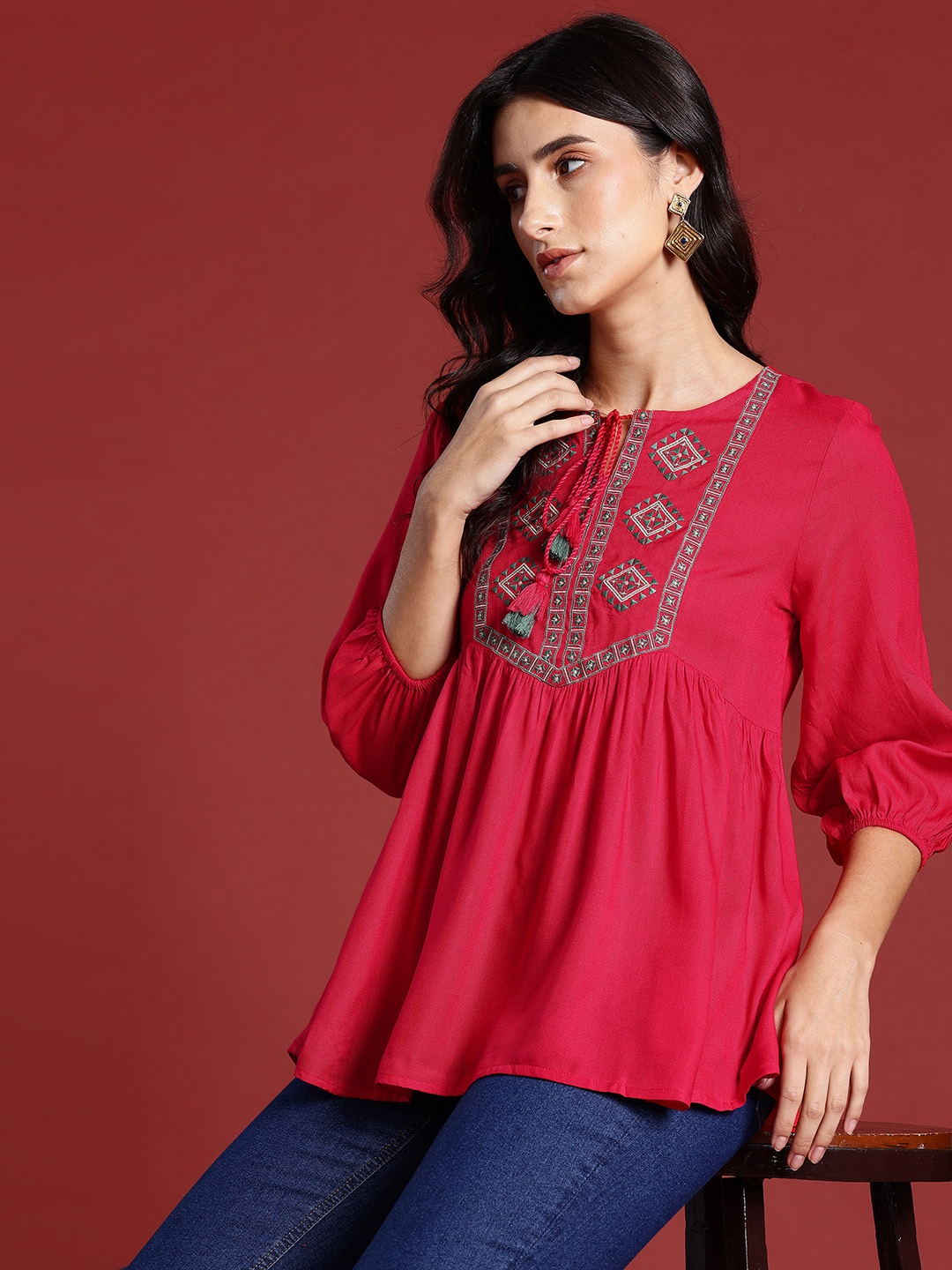

all about you Yoke Design Tie-Up Neck Pleated Kurti, Red