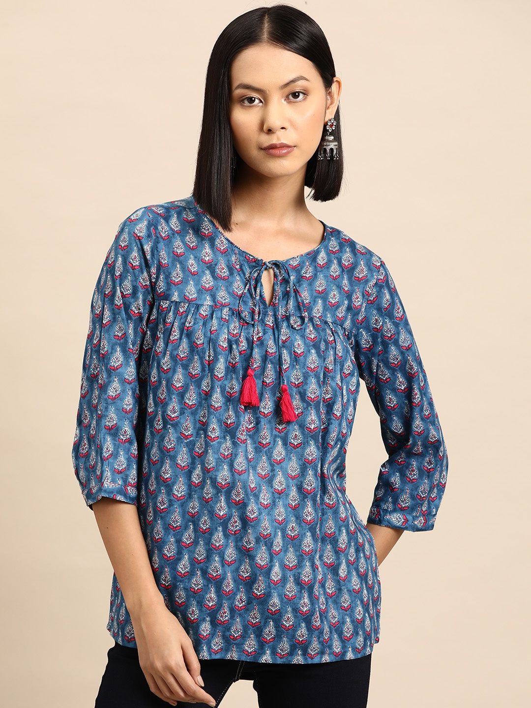 

all about you Ethnic Motifs Printed Pleated Kurti, Navy blue