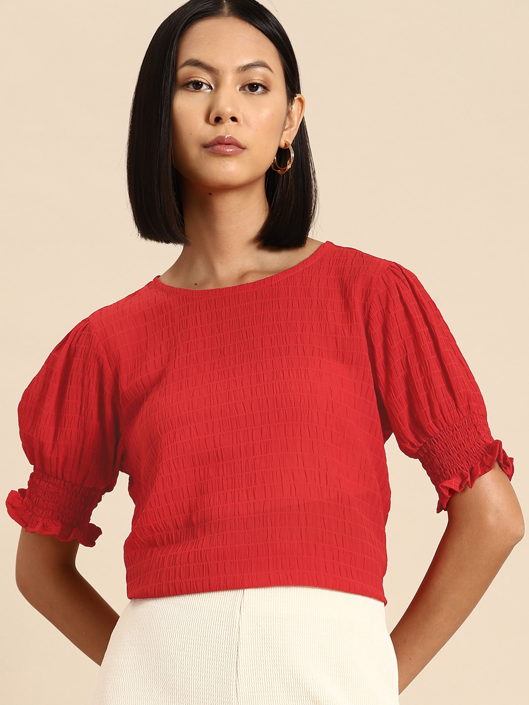 

all about you Textured Detail Puff Sleeves Top, Red