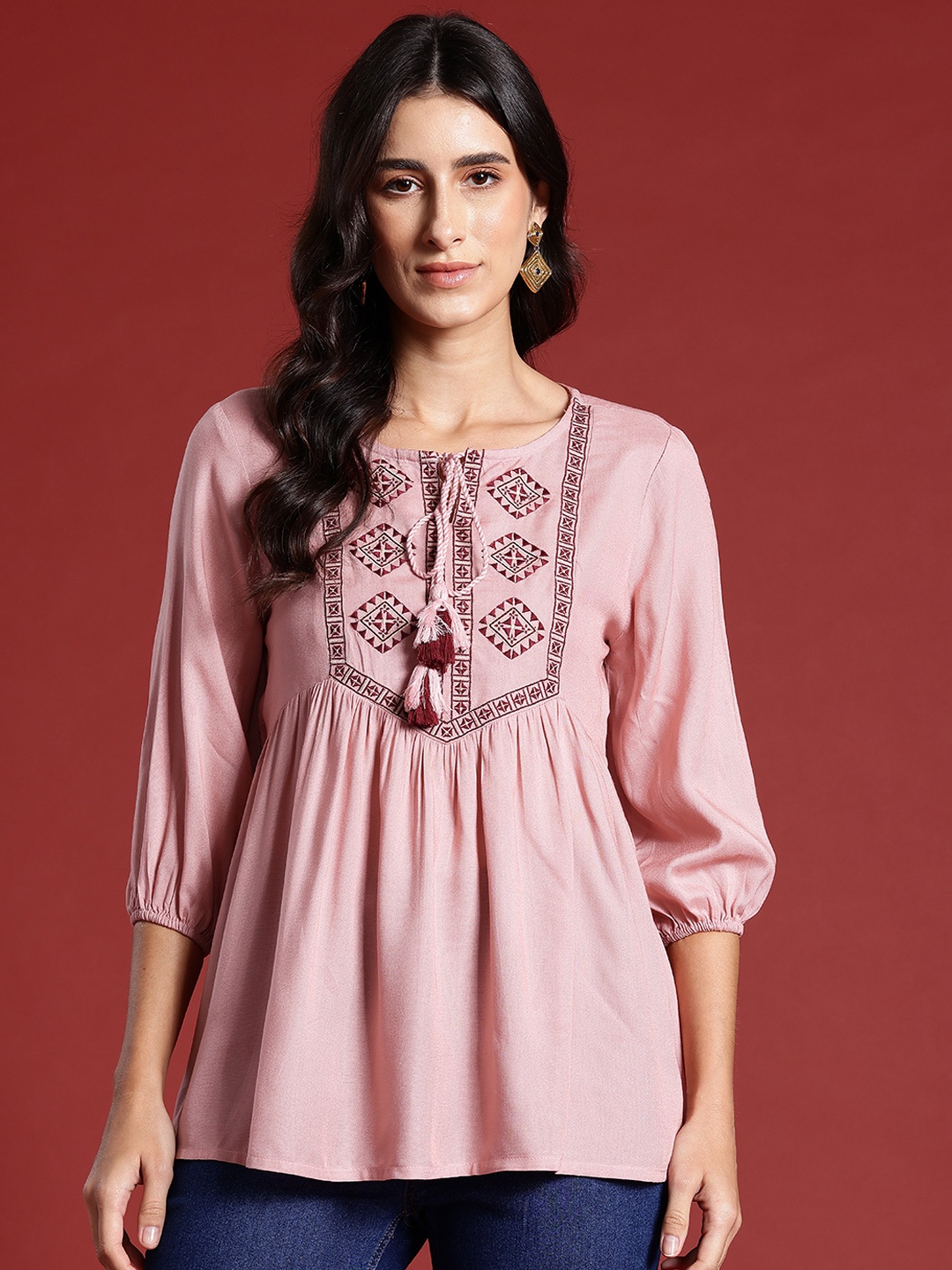 

all about you Ethnic Motifs Embroidered Yoke Tie-Up Neck Puff Sleeves A-Line Top, Rose