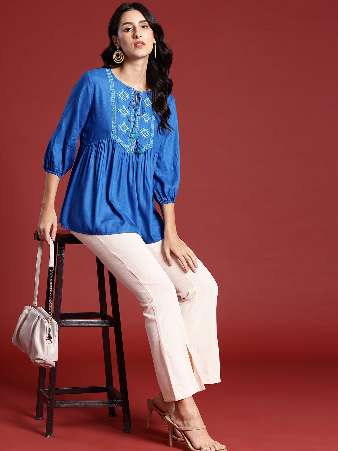 

all about you Ethnic Motifs Embroidered Yoke Tie-Up Neck Puff Sleeves A-Line Top, Blue