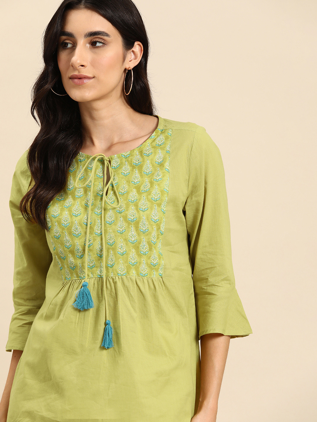 

all about you Ethnic Motifs Printed Pure Cotton Kurti, Green