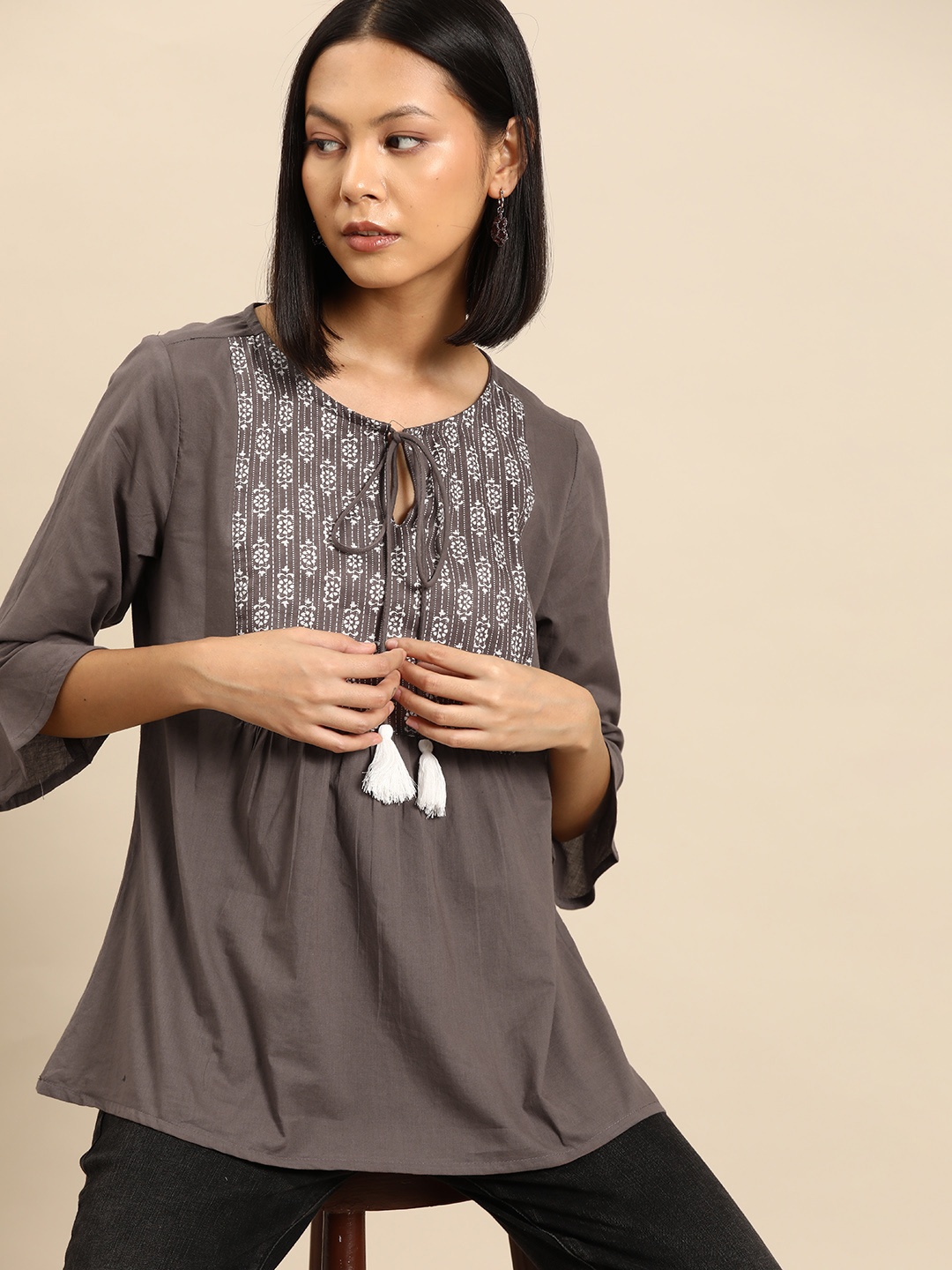 

all about you Ethnic Motifs Yoke Design Pure Cotton Kurti, Brown