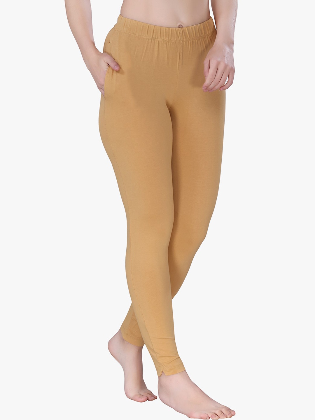

TRASA Ankle Length Stretchable One Side Pocket Leggings, Beige