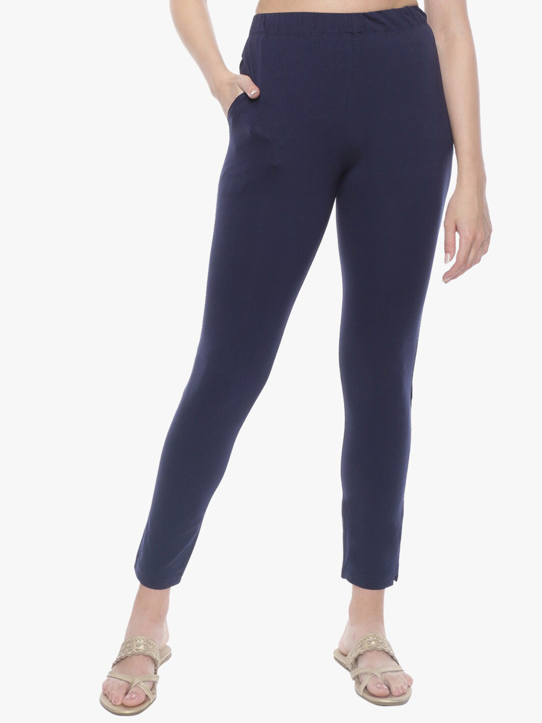

TRASA Women Ankle Length Stretchable One Side Pocket Leggings, Navy blue