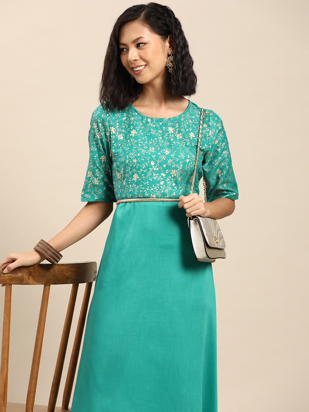 

Sangria Foil Print Ethnic Dress, Sea green