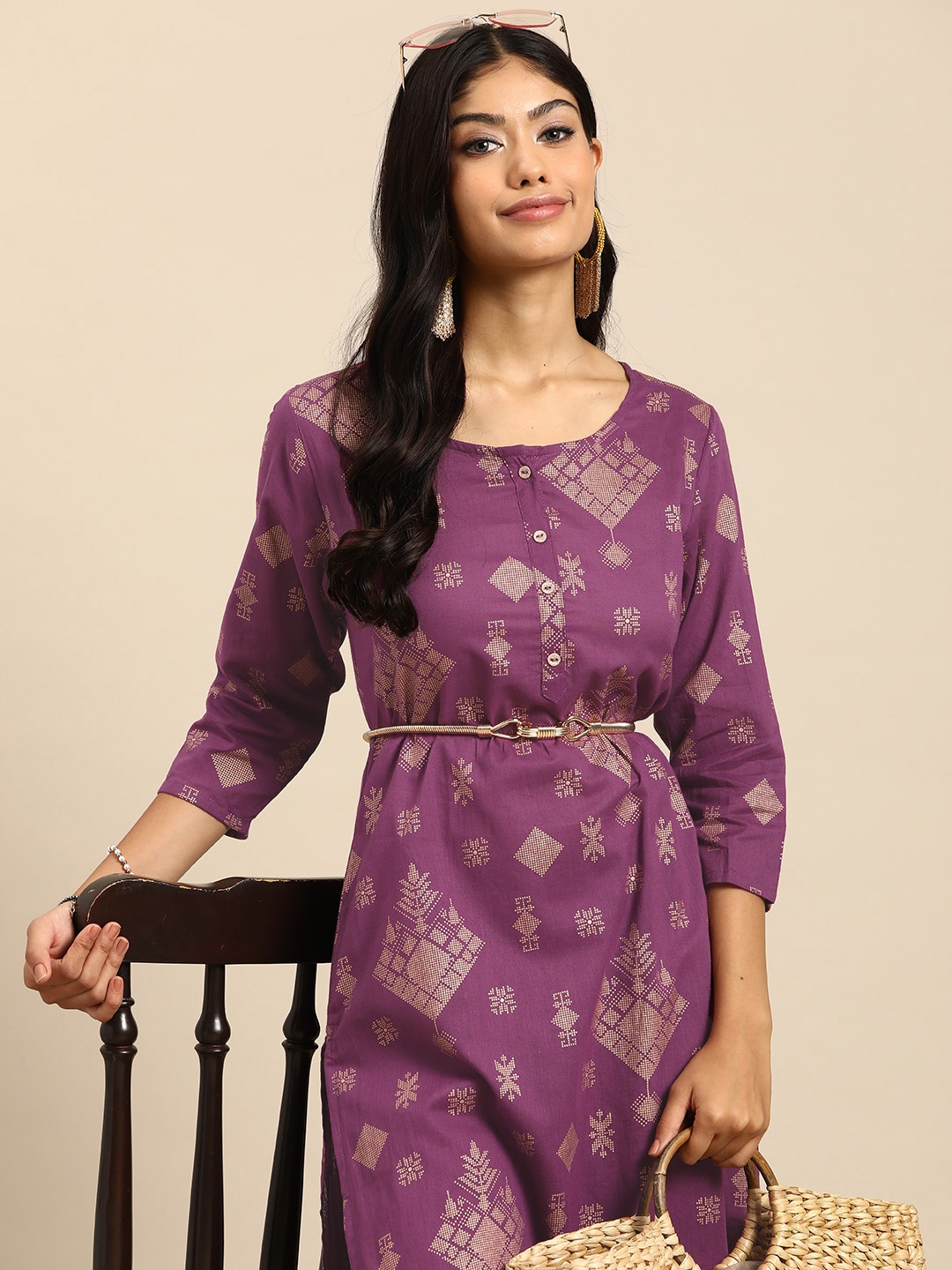

Sangria Women Purple Ethnic Motifs Printed Regular Kurta with Trousers