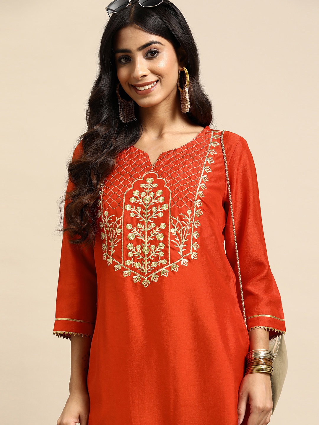 

Sangria Embroidered Yoke Design Kurta, Orange