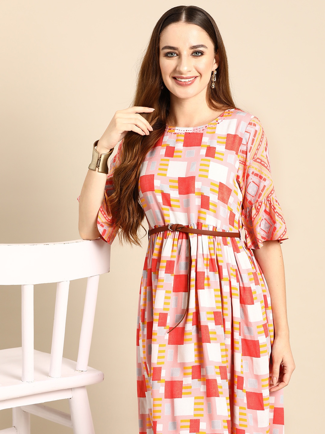 

Sangria Printed A-Line Dress With Belt, Pink