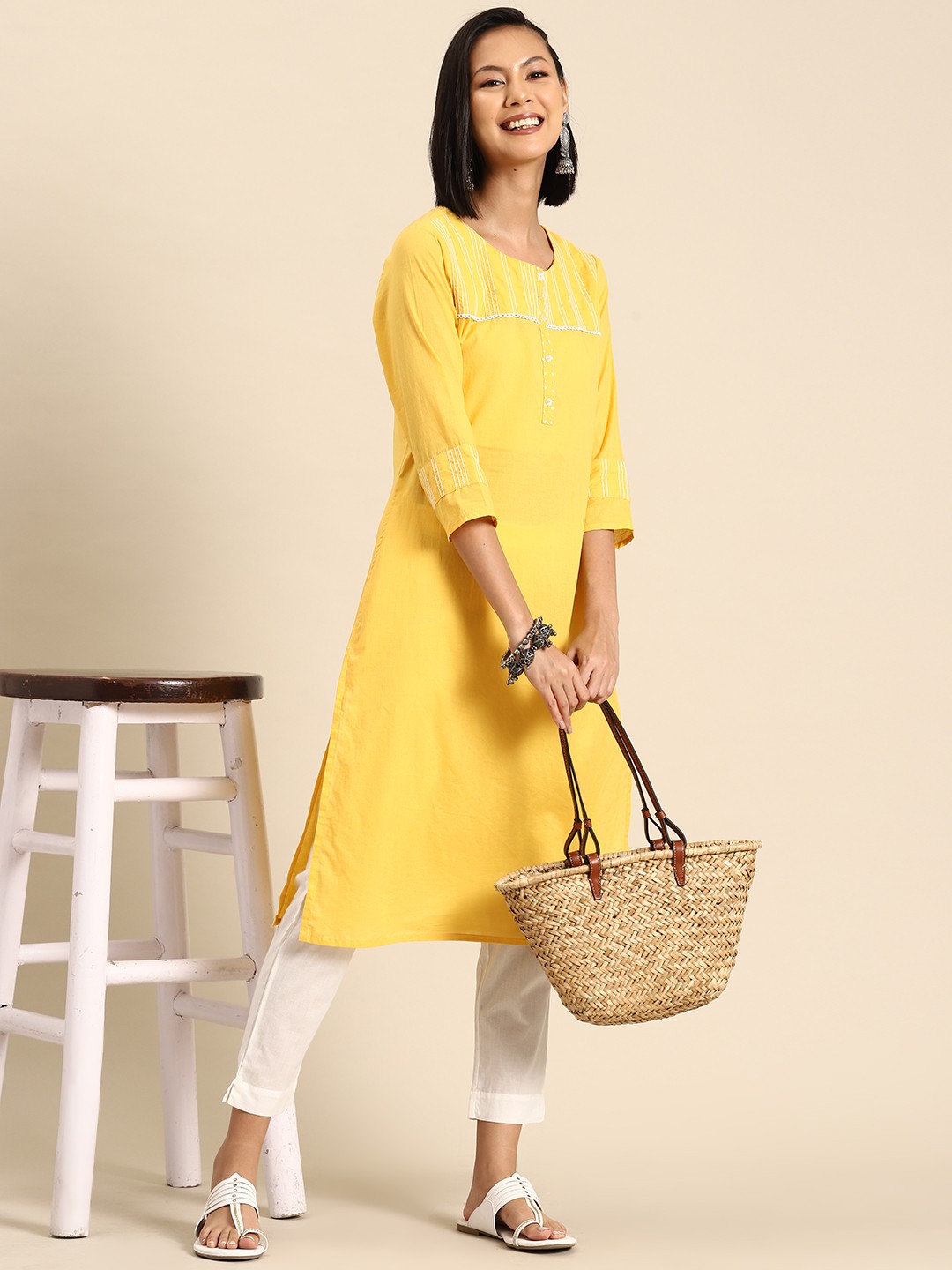 

Sangria Women Thread Work Pure Cotton Kurta with Trousers, Yellow