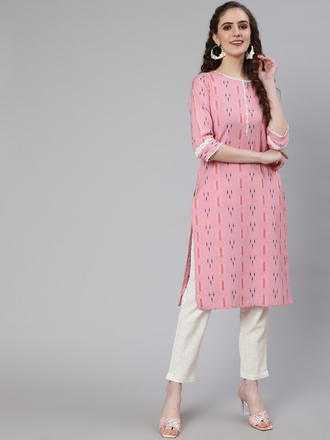 

Jaipur Kurti Pink Woven Design Regular Kurta with Trousers