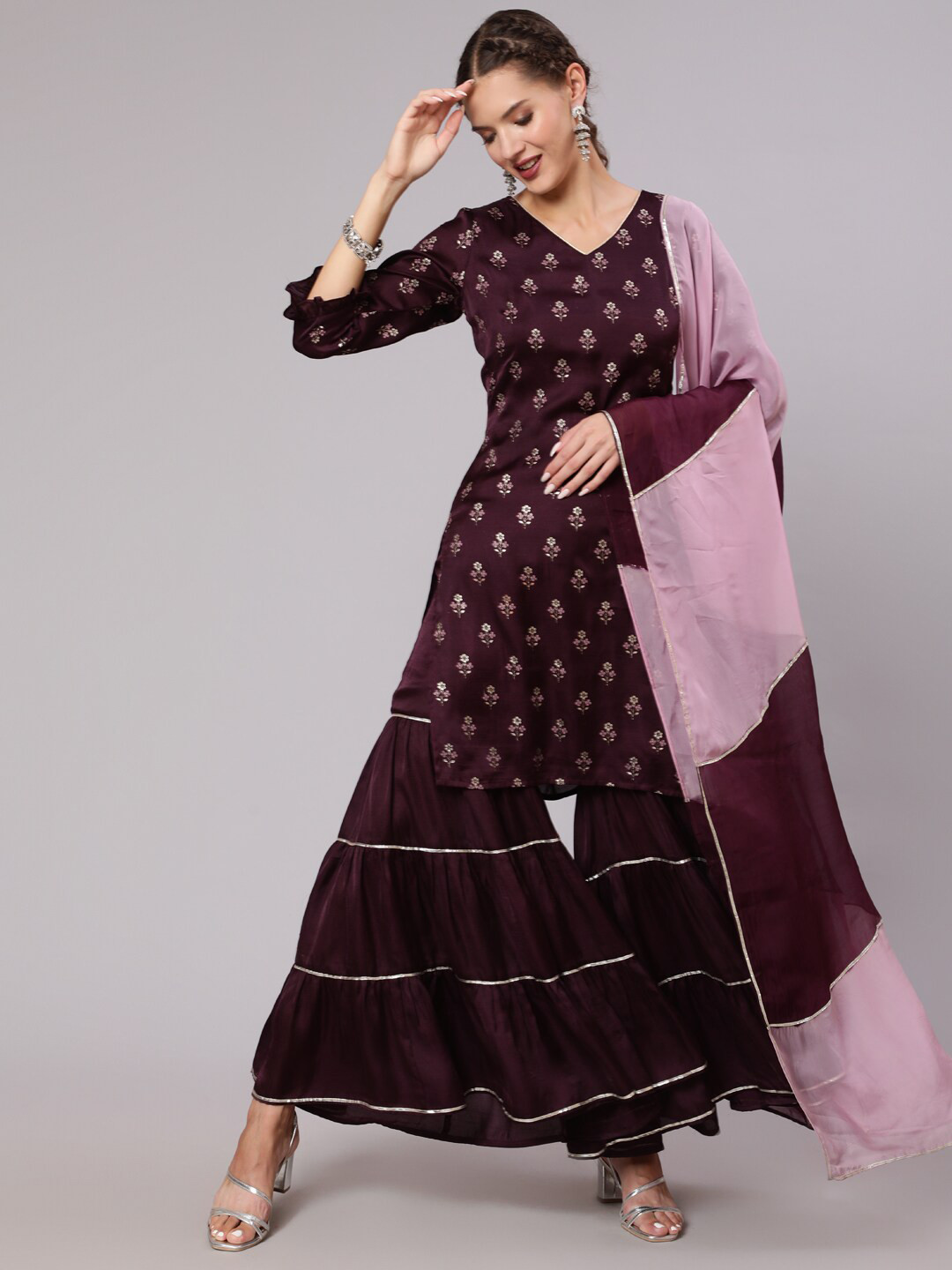 

Jaipur Kurti Burgundy Floral Embroidered Sequinned Kurta With Sharara & Dupatta