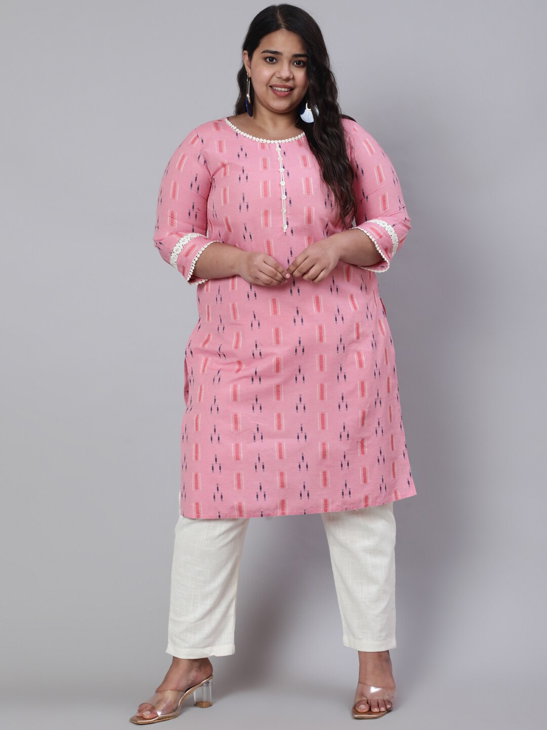 

Jaipur Kurti Pink Plus Size Self Design Kurta with Trousers