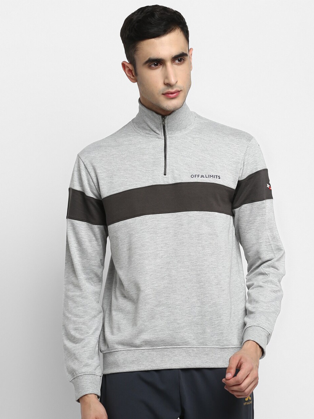 

OFF LIMITS Striped Mock Collar Rapid-Dry & Anti Microbial Cotton Sweatshirt, Grey melange