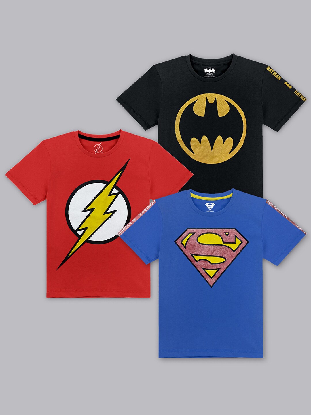 Kids Ville Boys Pack Of 3 Dc Comics Printed Pure Cotton T-Shirts, Red