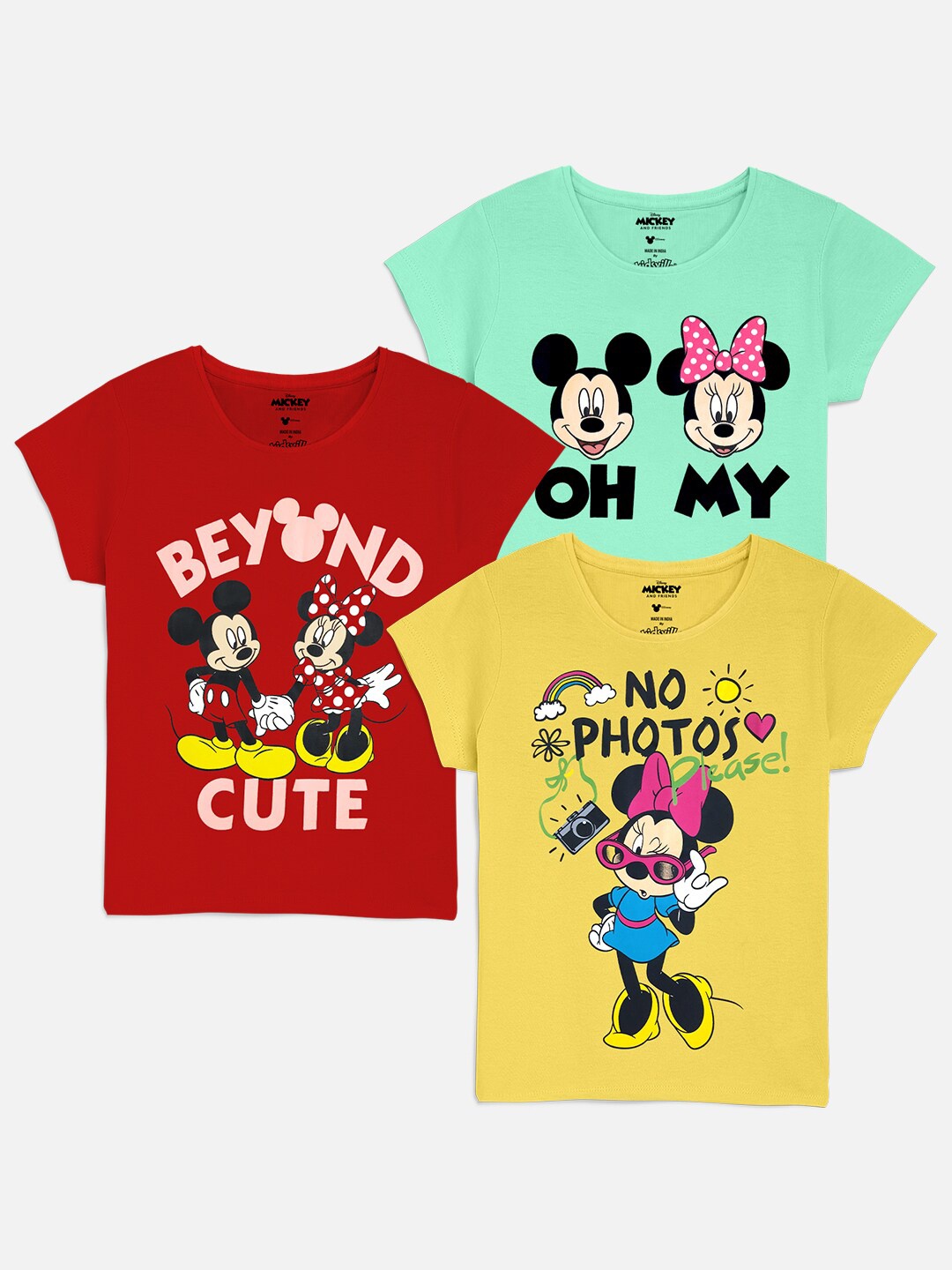 

Kids Ville Girls Pack Of 3 Mickey & Friends Printed Cotton T-Shirts, Green