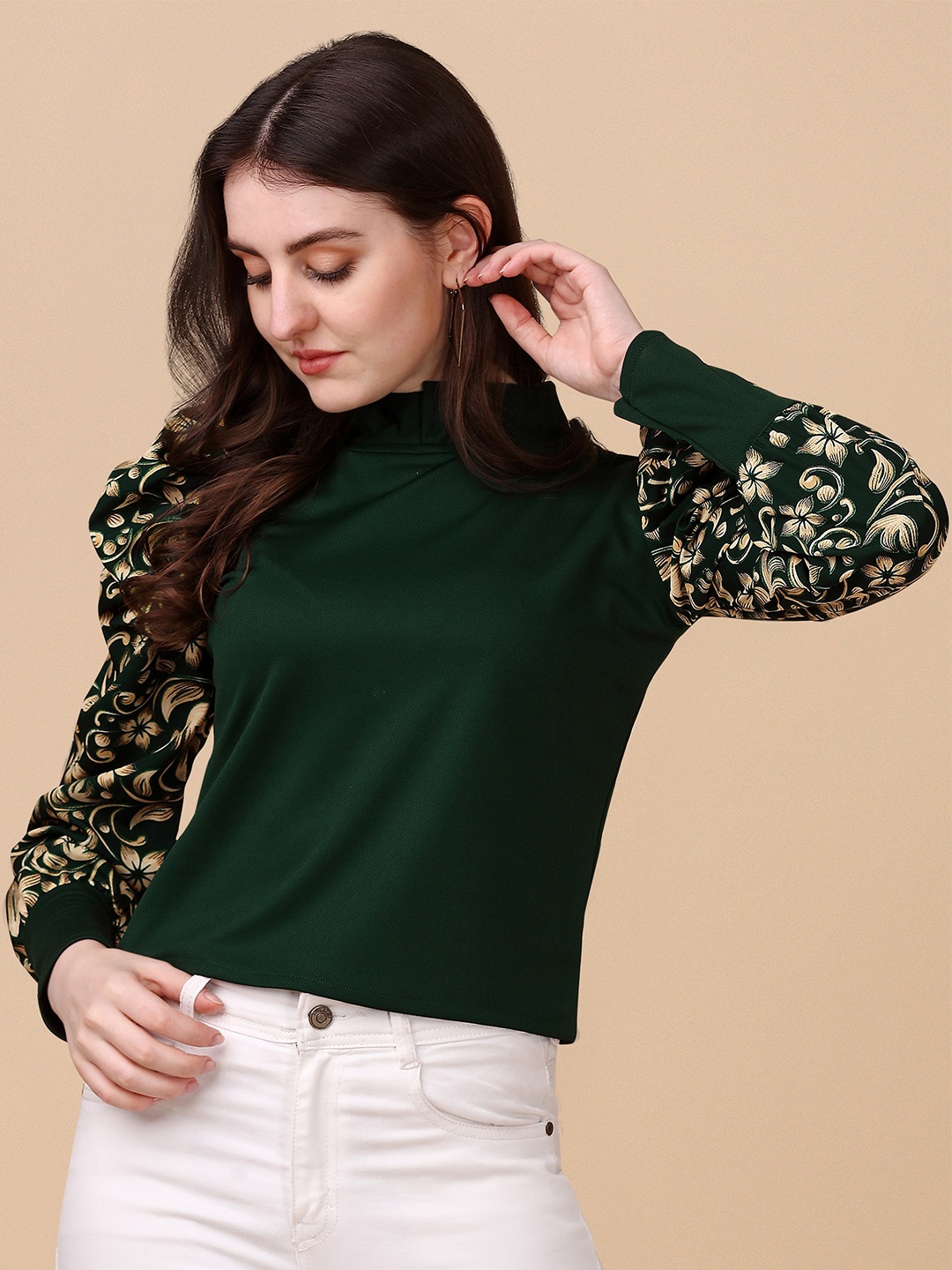 

Paralians Floral Printed Puff Sleeves High Neck Top, Green