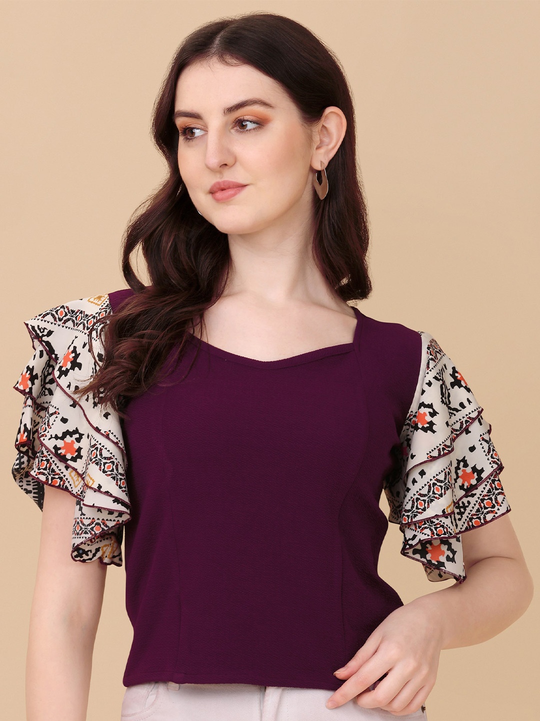 

Paralians Abstract Printed Layered Flutter Sleeves Top, Purple