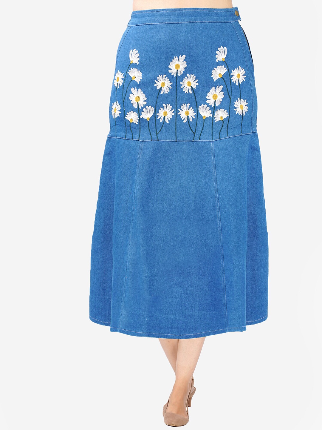 

SUMAVI-FASHION Floral Embroidered A-Line Maxi Skirt, Blue