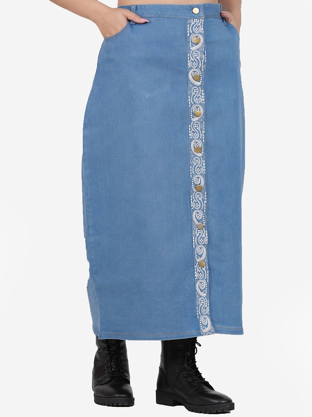 

SUMAVI-FASHION Embroidered Open Leg Denim A-Line Maxi Skirt, Blue