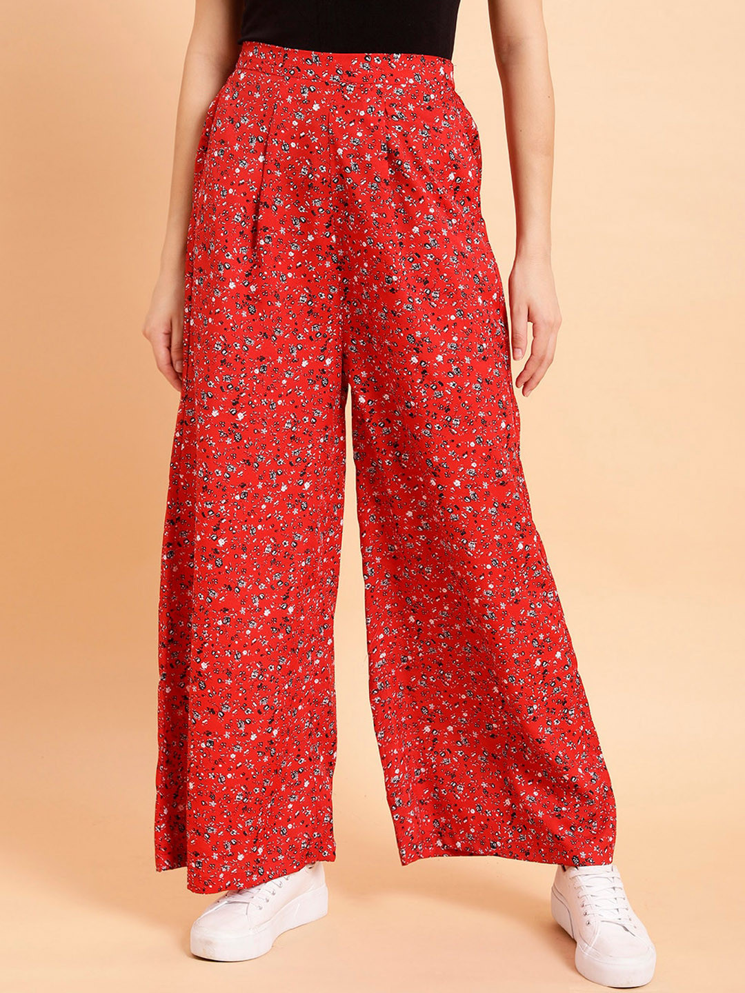 

MINT STREET Women Floral Printed Pleated Parallel Trousers, Red