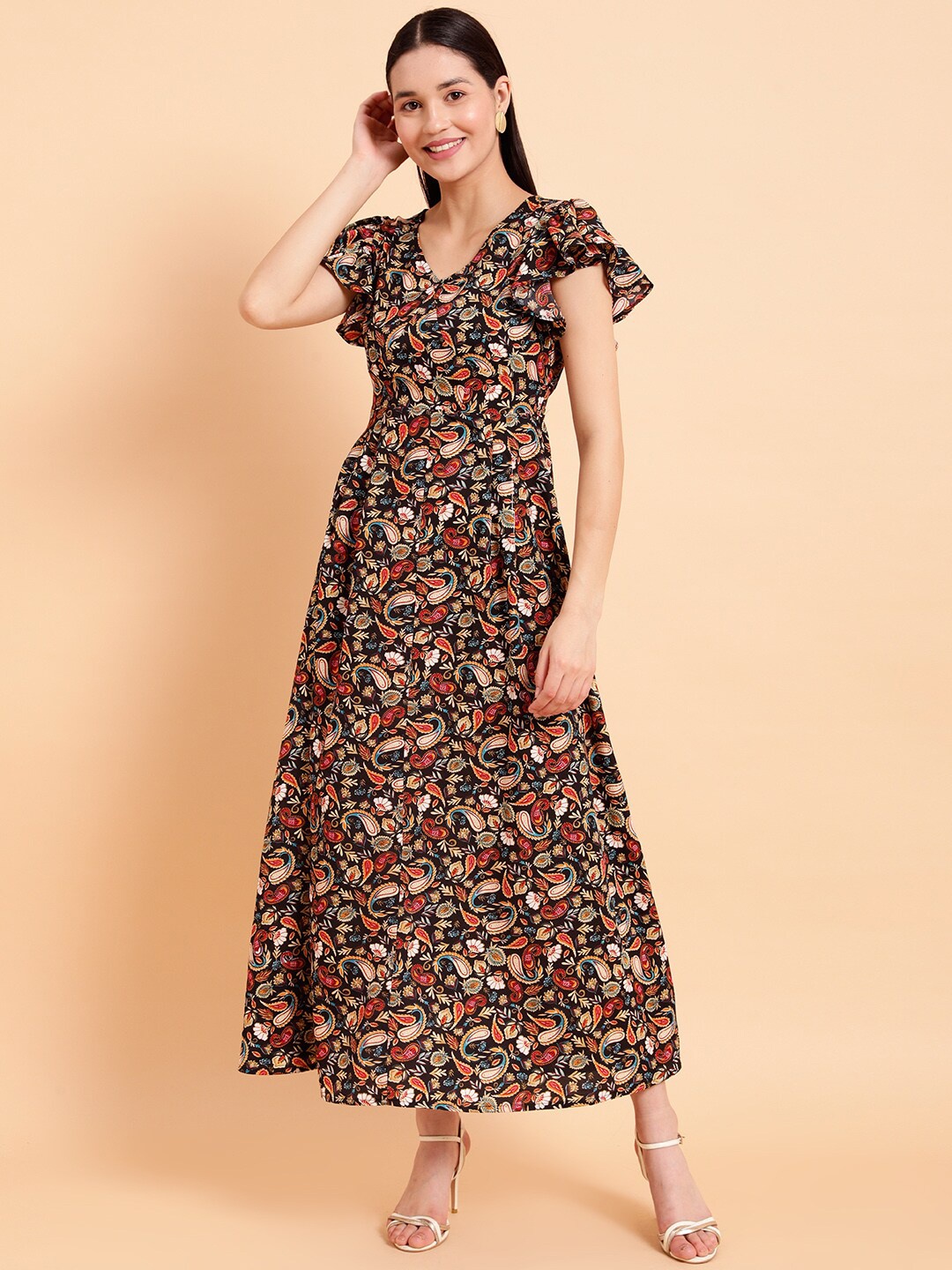 

MINT STREET Paisley Print Flutter Sleeve Maxi Dress, Black