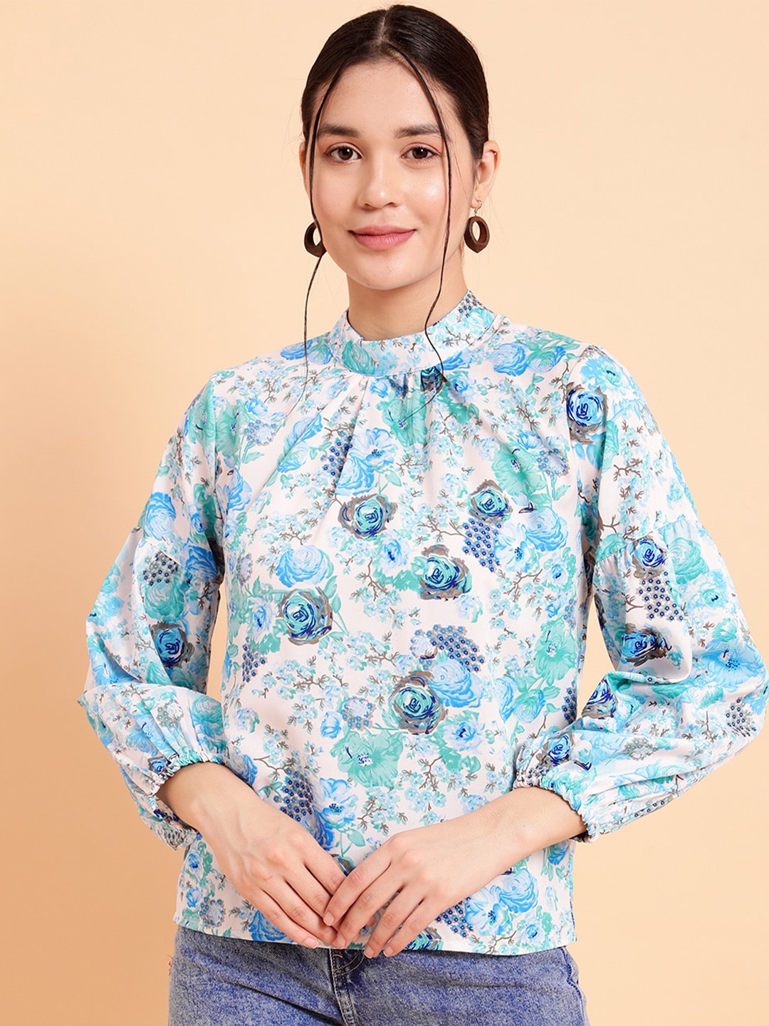 

MINT STREET Floral Printed High Neck Cuff Sleeve Crepe Top, Blue