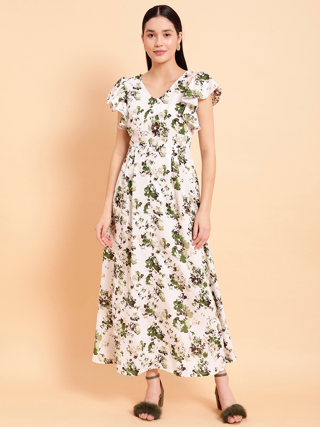 

MINT STREET Floral Print Flutter Sleeve Crepe Fit & Flare Maxi Dress, White