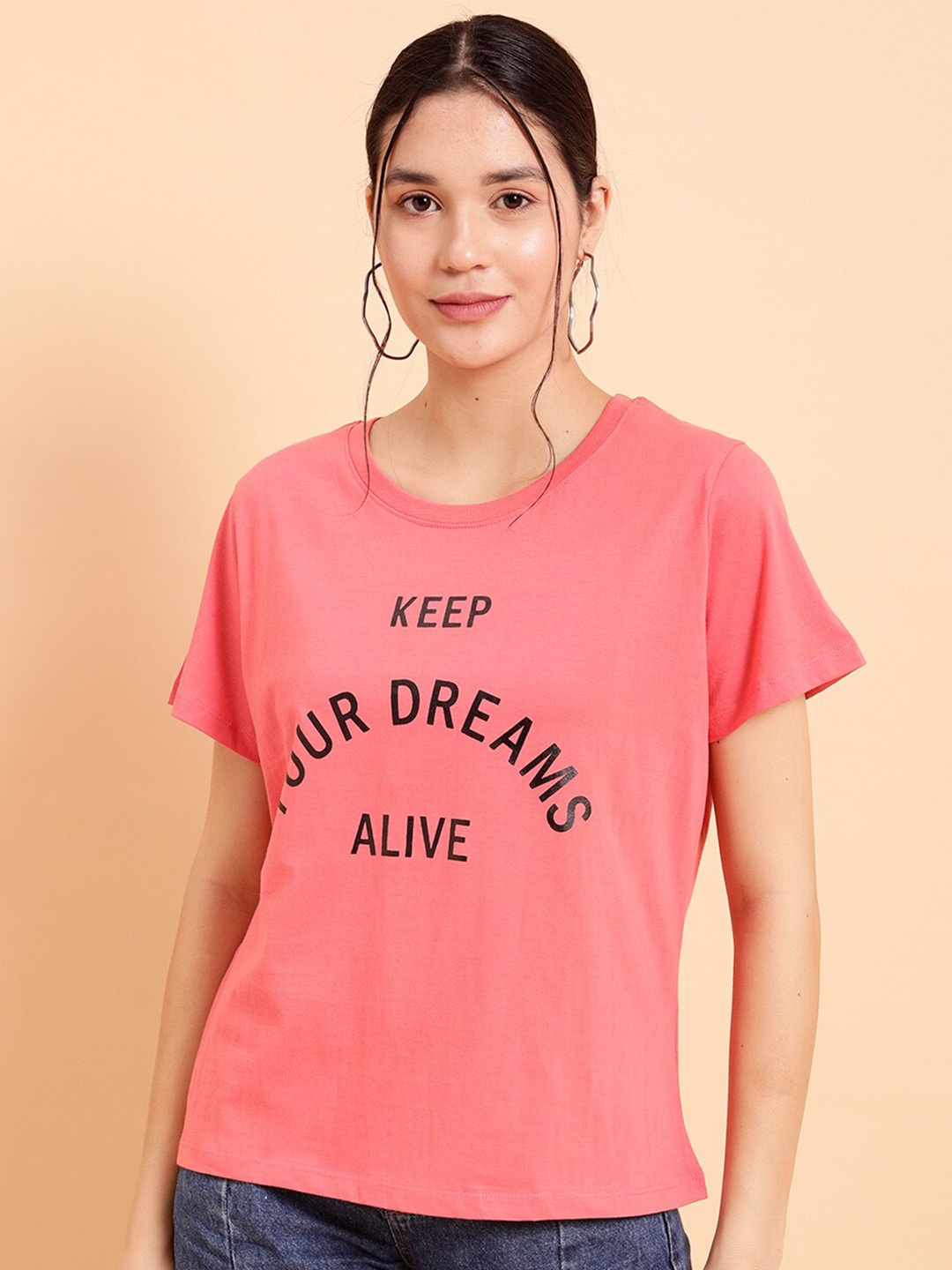 

MINT STREET Typography Printed Casual Cotton T-shirt, Pink