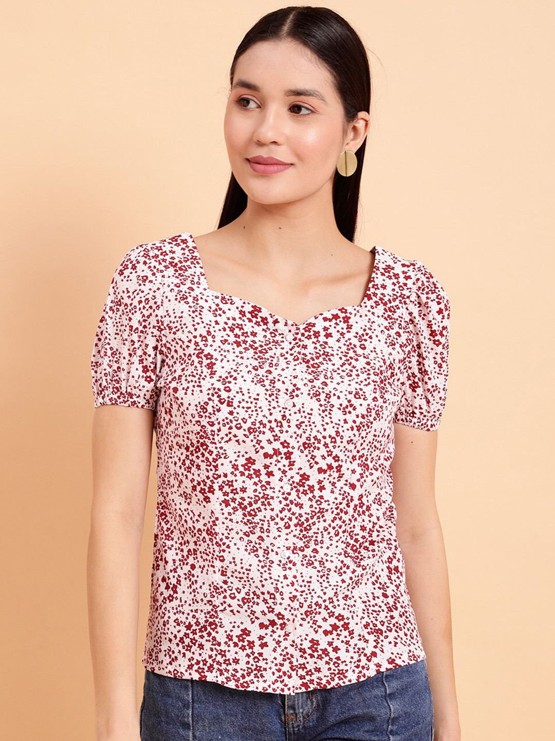 

MINT STREET Floral Print Puff Sleeve Crepe Top, White