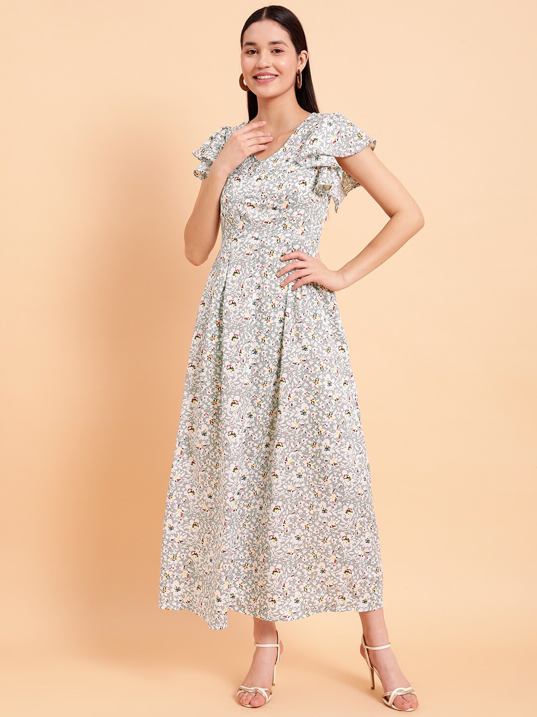 

MINT STREET Floral Printed Flared Sleeves Maxi Dress, Grey