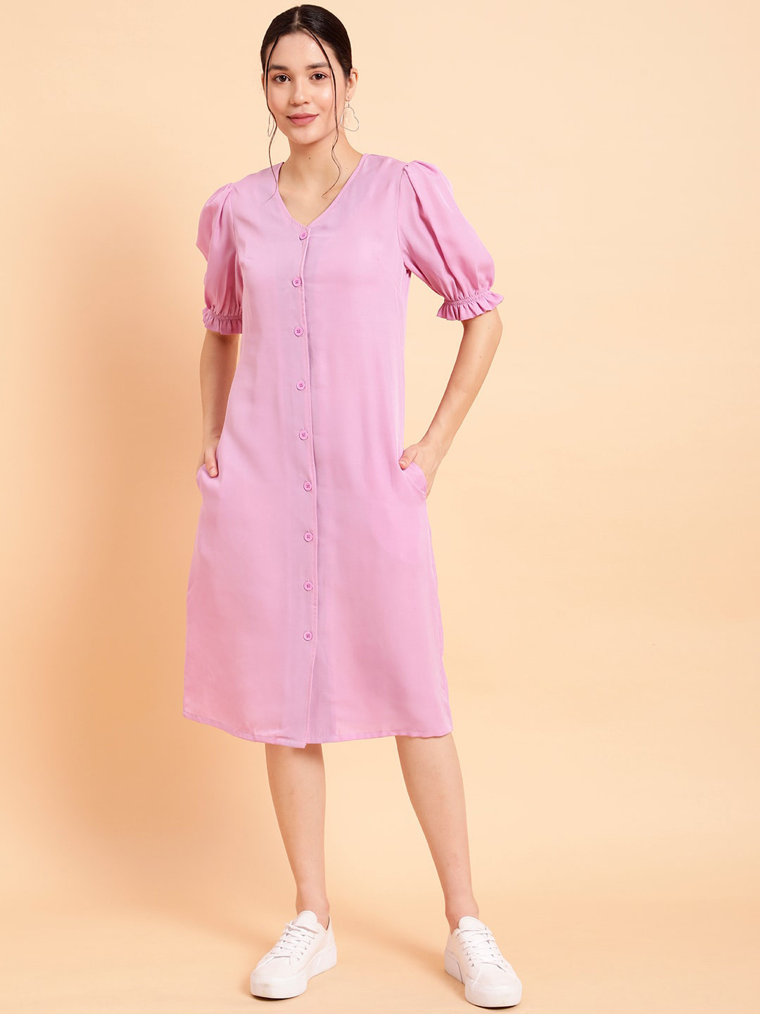 

MINT STREET Solid Printed Puff Sleeve A-Line Midi Dress, Lavender