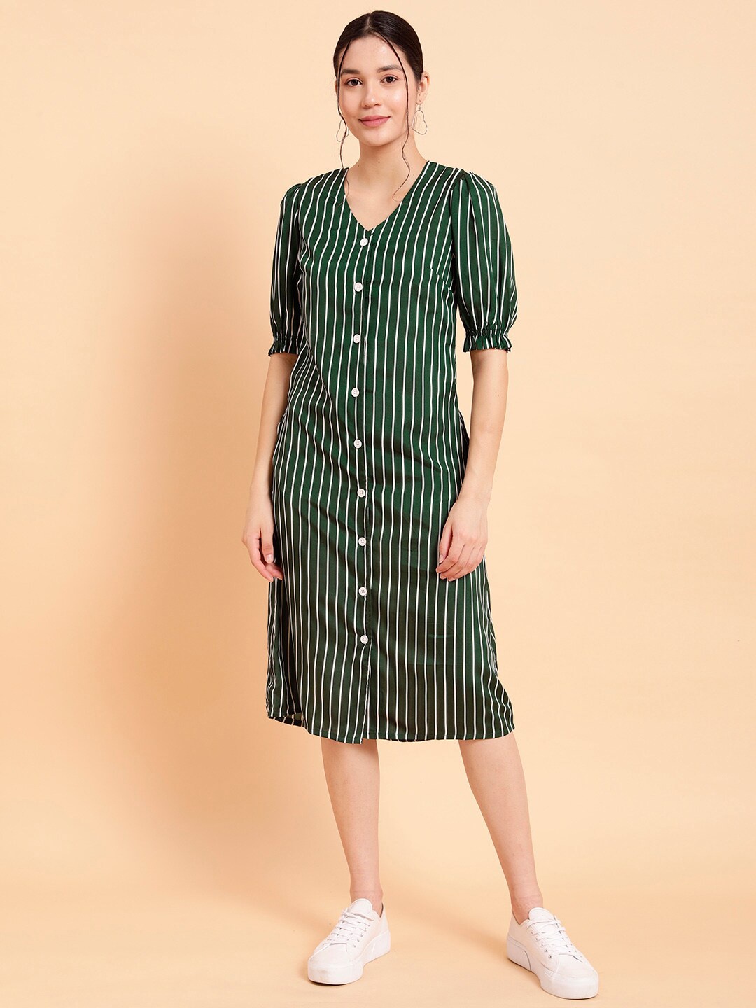 

MINT STREET Striped Shirt Style Midi Dress, Green