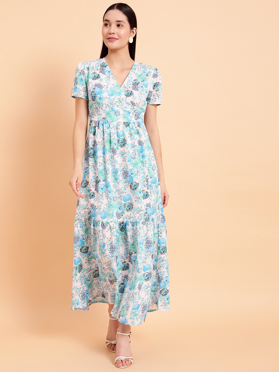 

MINT STREET Floral Printed V-Neck Puff Sleeves Fit & Flare Maxi Dress, White