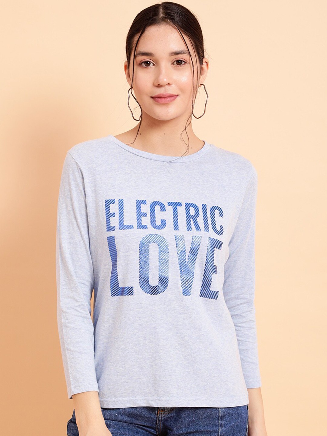 

MINT STREET Typography Printed Long sleeves Casual Cotton T-shirt, Blue