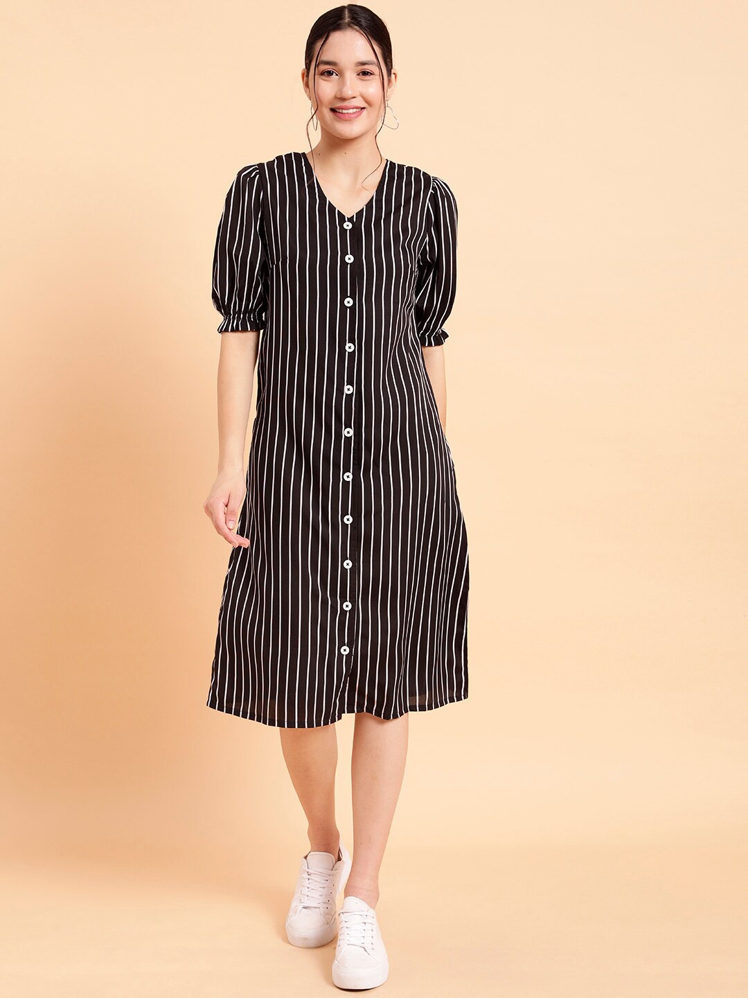 

MINT STREET Monochrome Striped Puff Sleeves Crepe Shirt Dress, Black