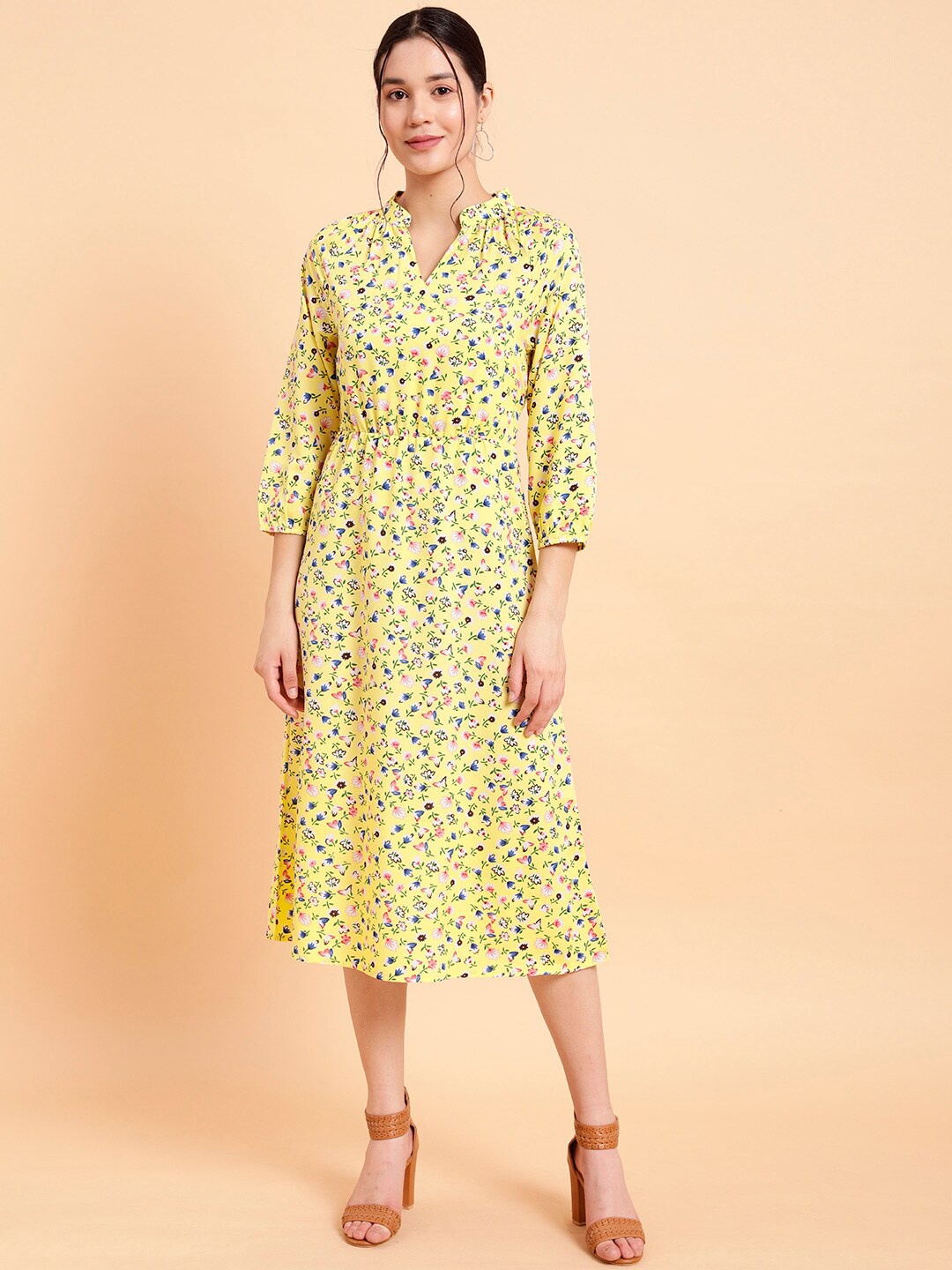 

MINT STREET Floral Printed & Gathered Detailed Crepe Fit & Flare Midi Dress, Yellow