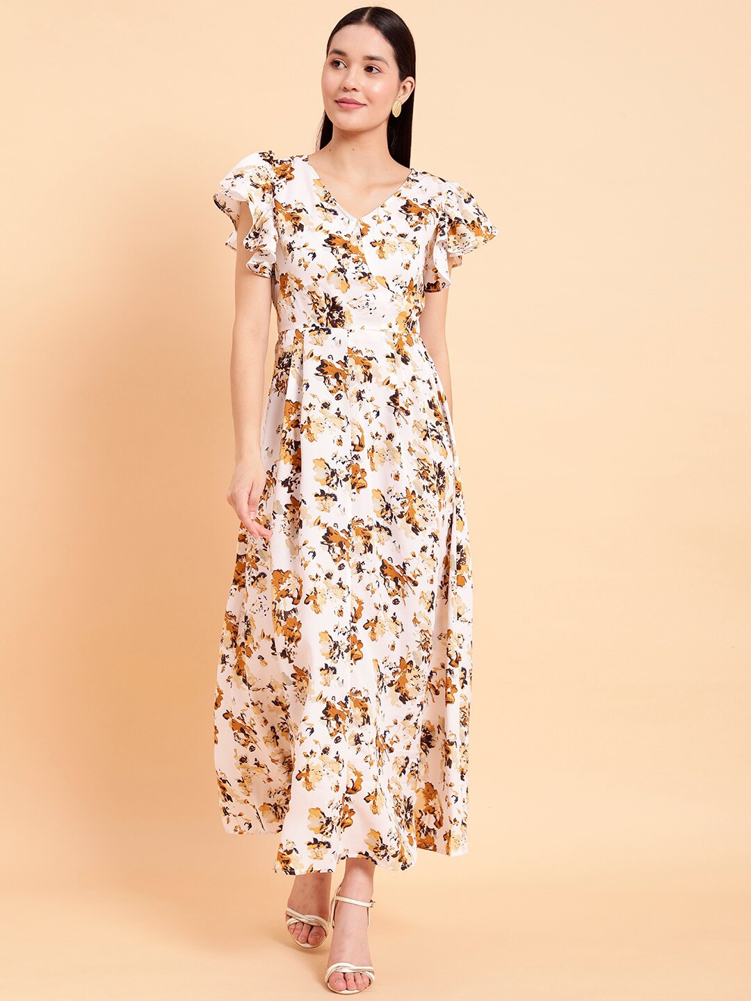 

MINT STREET Floral Printed V-Neck Flutter Sleeves Fit & Flare Maxi Dress, Off white