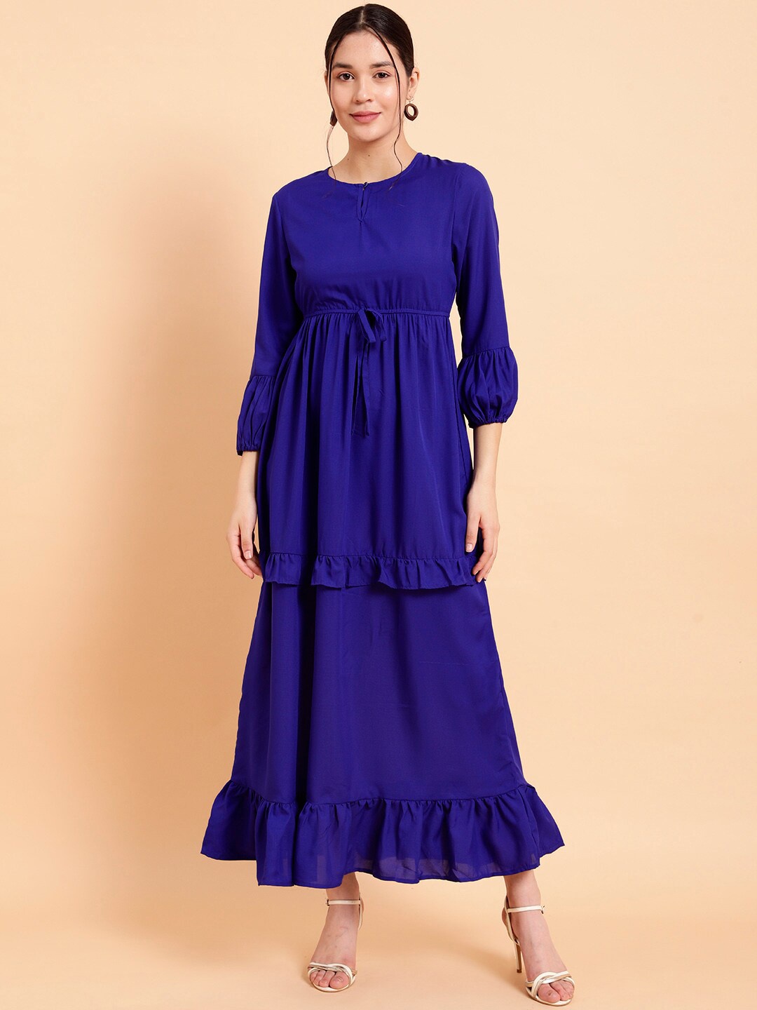 

MINT STREET Solid Cinched Tie-up Waist Crepe Maxi Tiered Dress, Blue