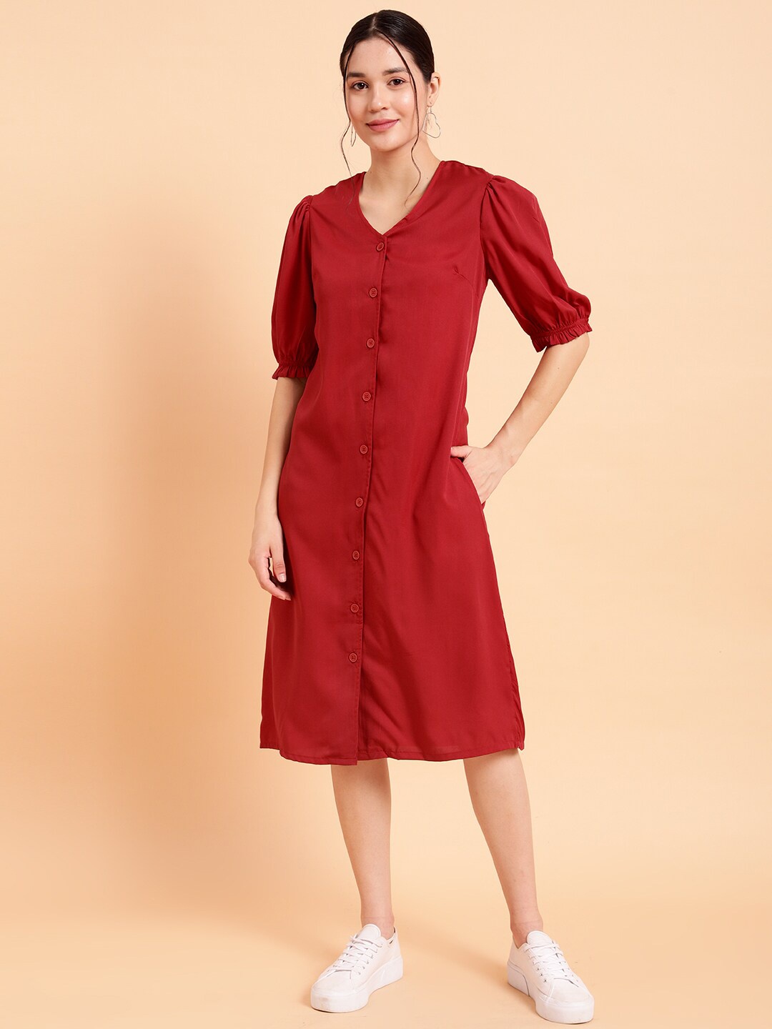 

MINT STREET V Neck Puff Sleeves Crepe A-Line Dress, Red