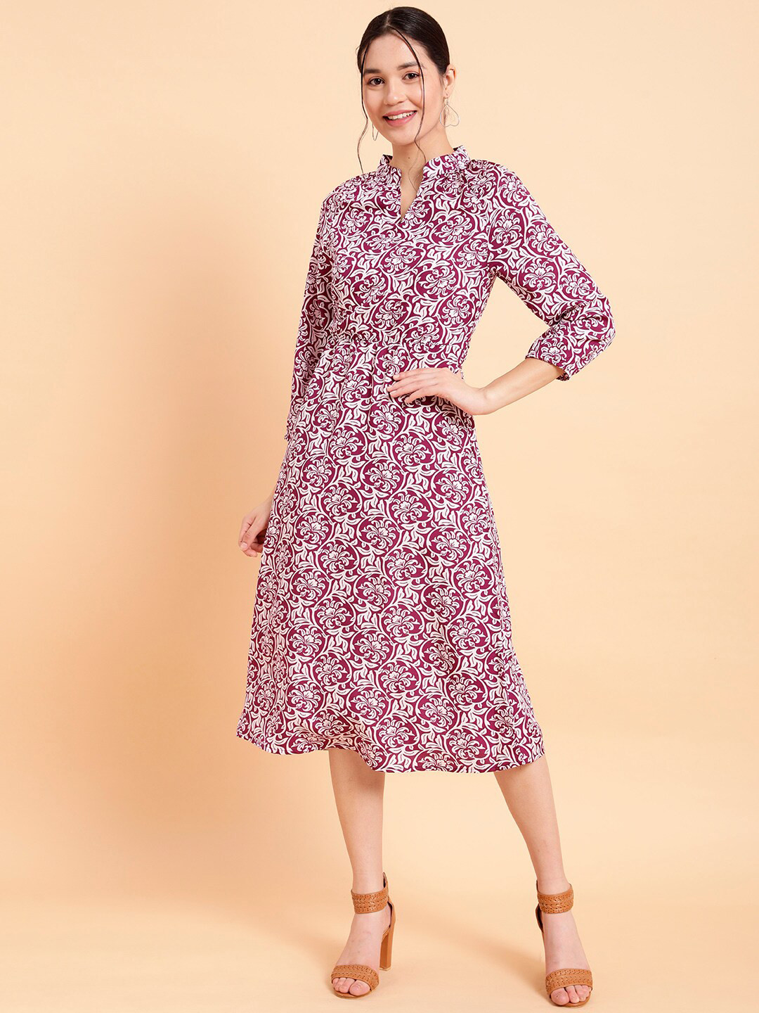 

MINT STREET Floral Printed Crepe Fit & Flare Midi Dress, Pink